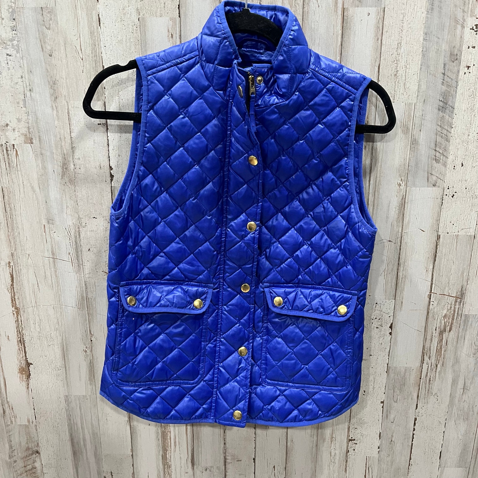 J Crew Womens Shiny Quilted Field Vest Jacket Size Xsp Blue Sleeveless Down